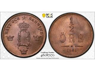 Sverige Oscar I (1844-1859) ½ öre 1858, 0, PCGS MS65 RB