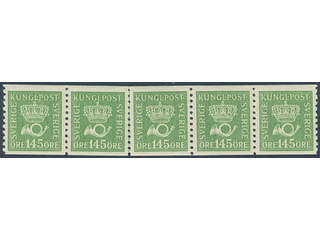 Sweden. Facit 174b ★★ , 145 öre yellowish green in very fine strip of five. Somewhat …