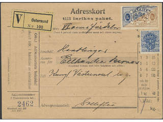 Sweden. Official Facit Tj24B, 50 , 20 öre + 1 kr on address card for insured parcel sent …