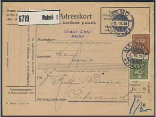 Sweden. Facit 164, 159 cover , 40+70 öre on address card for parcel sent from MALMÖ 1 …