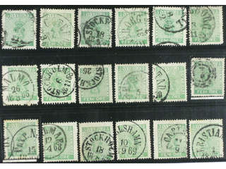Sweden. Facit 7 used , 5 öre green, eighteen used copies. Shades, varieties, …