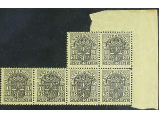 Sweden. Official Facit Tj38 ★★ , 1 Kr black, watermark crown, in block of six.