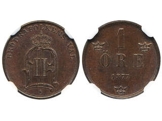 Coins, Sweden. Oskar II, MIS II.1b, 1 öre 1877. Re-punched 8. Scarce variety. Graded by …