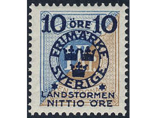 Sweden. Facit 124a ★★, 1916 Landstorm II 10+NITTIO / 1 kr blue/greyish brown. Very fine …