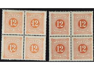 Sweden. Postage due Facit L15 ★★/★ , 12 öre red, perf 13 in two very fine blocks of four …