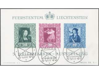 Liechtenstein. Michel 278–80 used , 1949 Vaduz Stamp Exhibition souvenir sheet 5. EUR 170