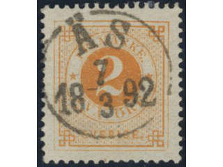 Sweden. Facit 40b used, 2 öre orange. EXCELLENT cancellation ÄS 7.3.1892. Slightly short …