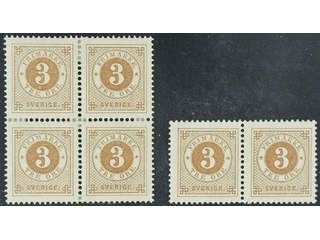 Sweden. Facit 41 ★ , 3 öre brown in one pair and one block of four. The block in …