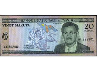 Banknotes, Zaire. Pick 10b, 20 makuta 1.10.1970. AG892901. Minor foxing, else crisp note …