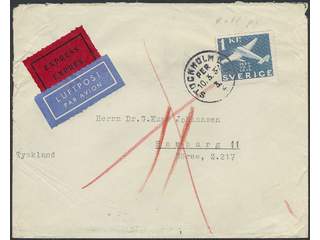 Sweden. Facit 257 cover , 1 kr, scarce single usage, on special delivery air mail cover …
