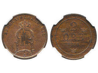 Coins, Sweden. Oskar II, MIS II.10, 2 öre 1883. Crown of 1881 style. Graded by NGC as …