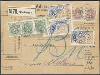 Sweden. Official Facit Tj24B, 44, 52 , 3x5+2x30 öre + 3x1 kr on address card for parcel …