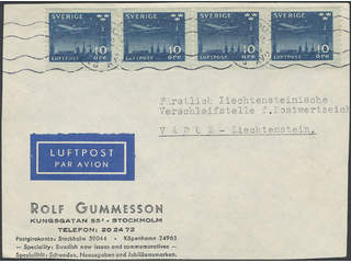 Sweden. Facit 231 cover , 4x10 öre on air mail cover front sent from STOCKHOLM 4.x.42 to …