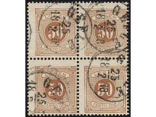 Sweden. Postage due Facit L19a used, 50 öre orangebrun, tandn. 13. 4-block stämplat …