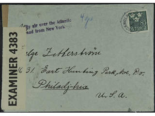 Sweden. Facit 291 cover , 85 öre on censored air mail cover sent from STOCKHOLM 5.6.42 …