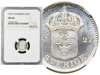 Coins, Sweden. Gustav V, MIS I.8, 25 öre 1927. Graded by NGC as MS66. 0.