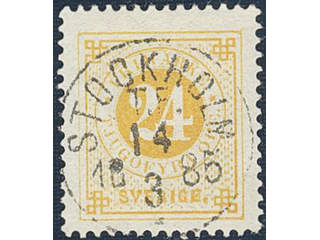 Sweden. Facit 34k used, 24 öre yellow on calendered paper. EXCELLENT cancellation …