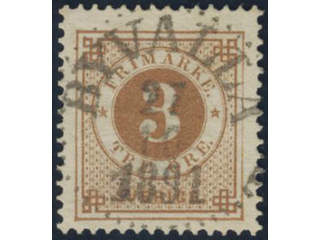 Sweden. Facit 41a used, 3 öre yellowish brown. EXCELLENT cancellation BYVALLA 27.10.1891.