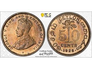Ceylon George V (1910-1936) 50 cents 1925, PCGS AU58