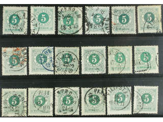 Sweden. Facit 19 used , 5 öre green, eighteen used copies. Shades, varieties, …