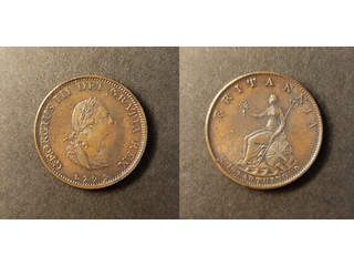 Storbritannien George III (1760-1820) 1 farthing 1799, AU/UNC. Variant med 3 bär