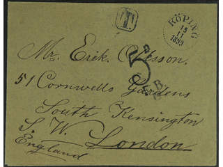Sweden. Postage due mail. Unpaid cover sent from KÖPING 15.11.1899 to Great Britain. …