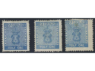 Sweden. Facit 9 ★ , 12 öre blue. Three copies of which one is repaired. (3). SEK 5400