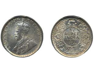 Coins, India. George V (1910-1936), KM 518, ¼ rupe 1919 C. Graded by PCGS as MS64. XF-UNC.