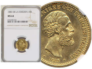 Coins, Sweden. Oskar II, MIS II.4d, 10 kronor 1883. Graded MS64 by NGC. SG41. 01/0.