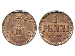 Coins, Finland. Alexander II, KM 1.1, 1 penni 1871. Graded by PCGS as MS64 RB. 0.