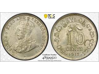 Ceylon George V (1910-1936) 10 cents 1913, AU/UNC, PCGS MS63
