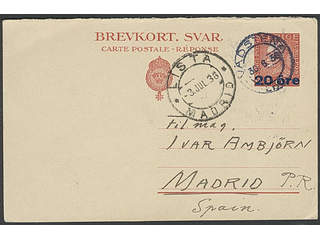 Sweden. Postal stationery, double postcard Facit bKd24 , Origin part 20/25 öre sent from …