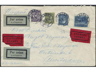 Sweden. Facit 145A, 183, 190, 231 on air mail cover, 2×10+25+40 öre on special delivery …