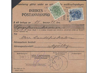 Sweden. Official Facit Tj44, 50 , 5+20 öre on money order sent from STRÅLSNÄS 15.9.1919 …