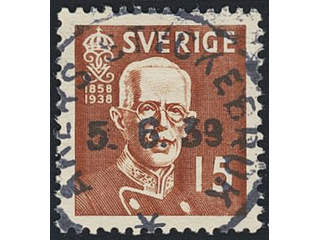 Sweden. Facit 267C used , 1938 80th Birthday of King Gustaf V 15 öre brown, perf on four …