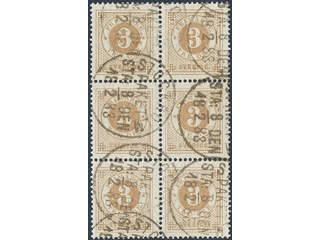 Sweden. Facit 28d used , 3 öre yellow-brown in block of six. Cancelled STOCKHOLM PAKET …