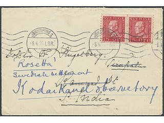 Sweden. Facit 176A cover , 2x15 öre on cover sent from JÖNKÖPING 5.4.26 to South India. …