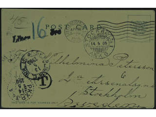 Sweden. Incoming stamped mail. USA. Unpaid postcard sent from SAN FRANCISCO 58.APR.1905 …