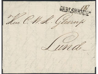Sweden. K county. CARLSHAMN, straight postmark. Letter dated "5 Dec. 1828" sent to Lund. …