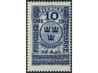 Sweden. Facit 125 ★★, 1916 Landstorm II 10+4,90 / 5 kr blue. Very fresh. SEK 1800