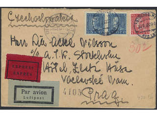 Sweden. Facit 177A, 183 on air mail cover, 15+2x25 öre on special delivery air mail …