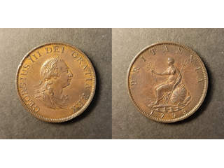 Storbritannien George III (1760-1820) 1/2 penny 1799, AU/UNC med 5 kanonportar