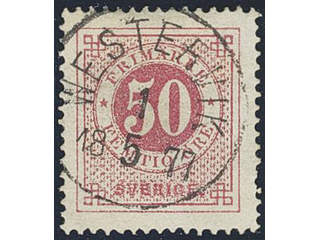 Sweden. Facit 26e used , 50 öre carmine. EXCELLENT cancellation WESTERVIK 1.5.1877. Two …