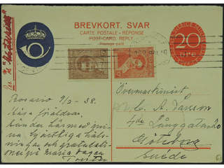 Sweden. Postal stationery, Double postcard, Facit bKd27, Reply part 20 öre additionally …