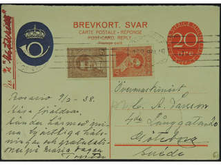 Sweden. Postal stationery, double postcard Facit bKd27 , Reply part 20 öre additionally …