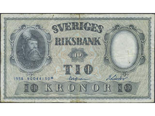 Banknotes, Sweden. SF R7:9, 10 kronor 1958*. Reverse with thin spot. Scarce replacement …