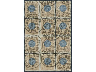 Sweden. Facit 38 used, 1 Krona brown/blue in BLOCK OF TWELVE. Cancelled STOCKHOLM PAKET …