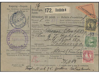 Sweden. Facit 77, 79, 82 cover , 5+10 öre + 1 kr on address card for cash on delivery …