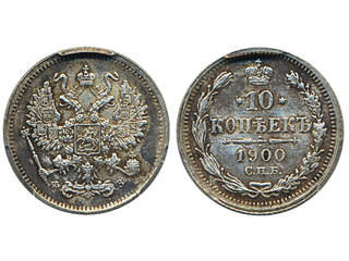 Coins, Russia. Nicholas II, Bitkin 151, 10 kopeks 1900. Graded by PCGS as AU58. In our …