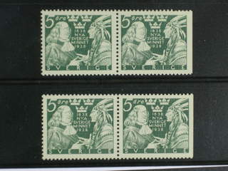 Sweden. Facit 261CB ★★ , 1938 New Sweden 5 öre green, TWO pairs 4+3.One short perf. (2).